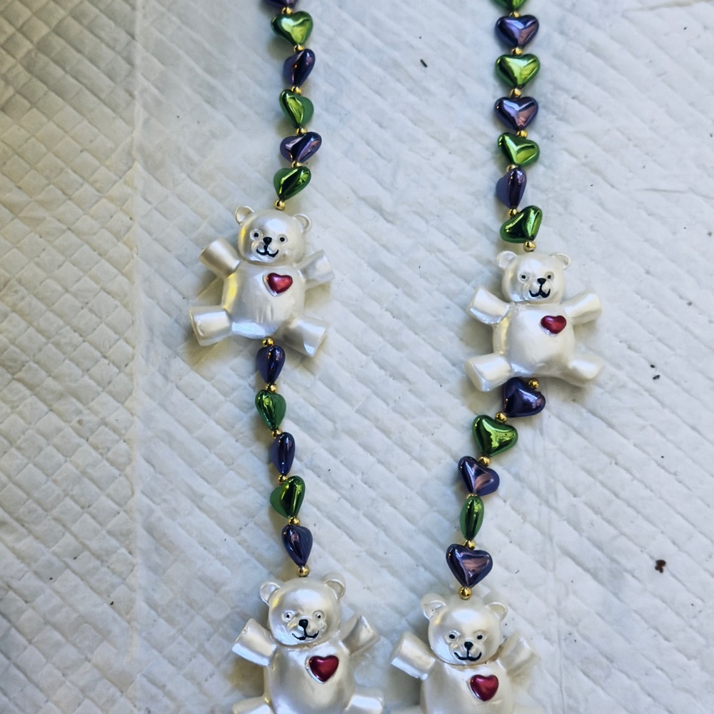 Charming Bear Necklace with Heart Beads Mardi Gras